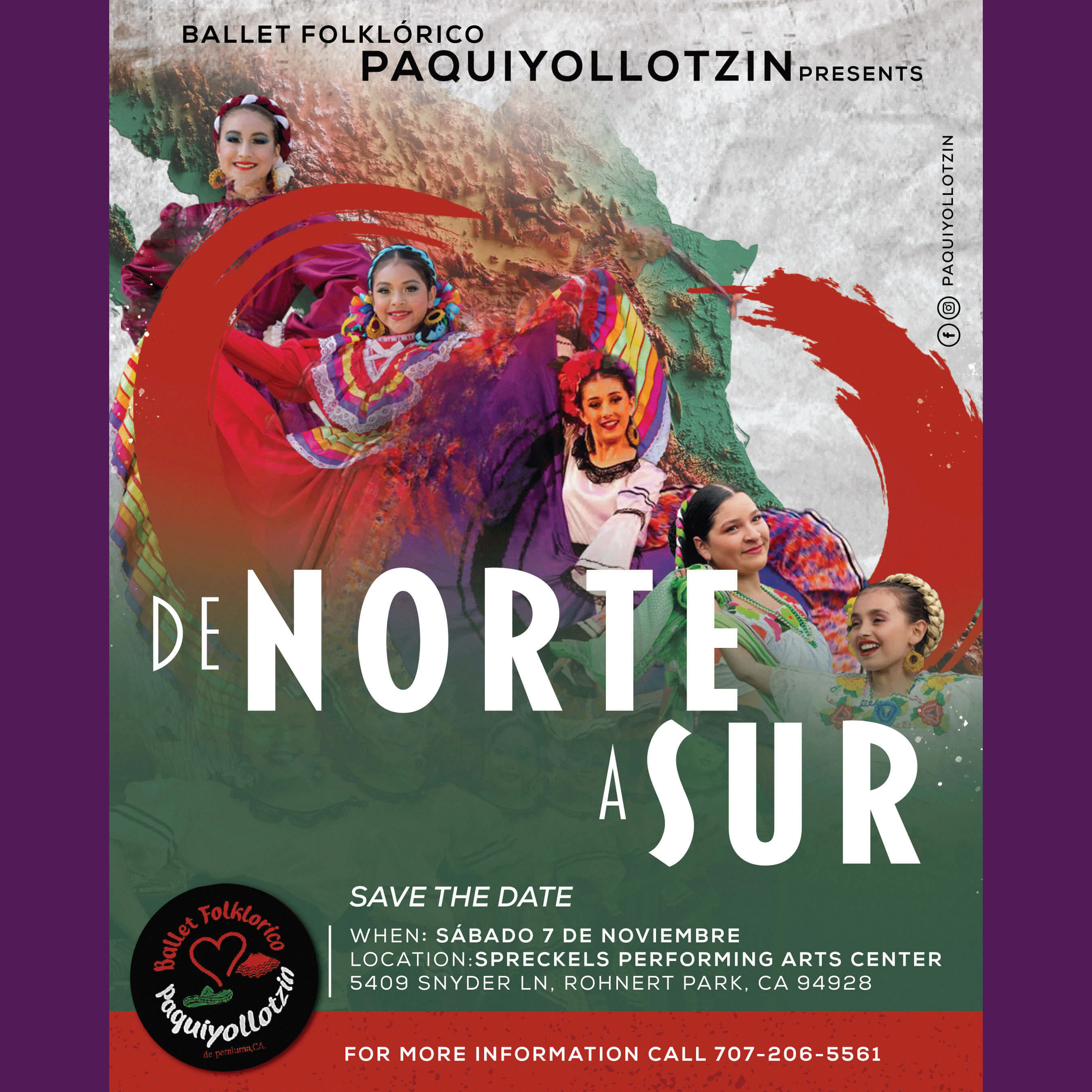 De Norte A Sur event flyer showing folk dancers in brightly colored outfits