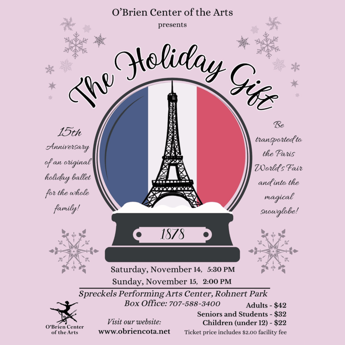 The Holiday Gift 2026 flyer showing the Eiffel Tower in a snow globe illustration